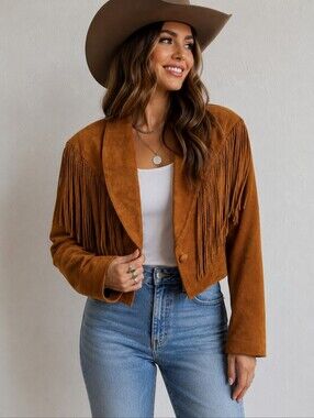 Cripple Creek Suede Leather Western Jacket With Fringe in Cognac Brown Sz Medium